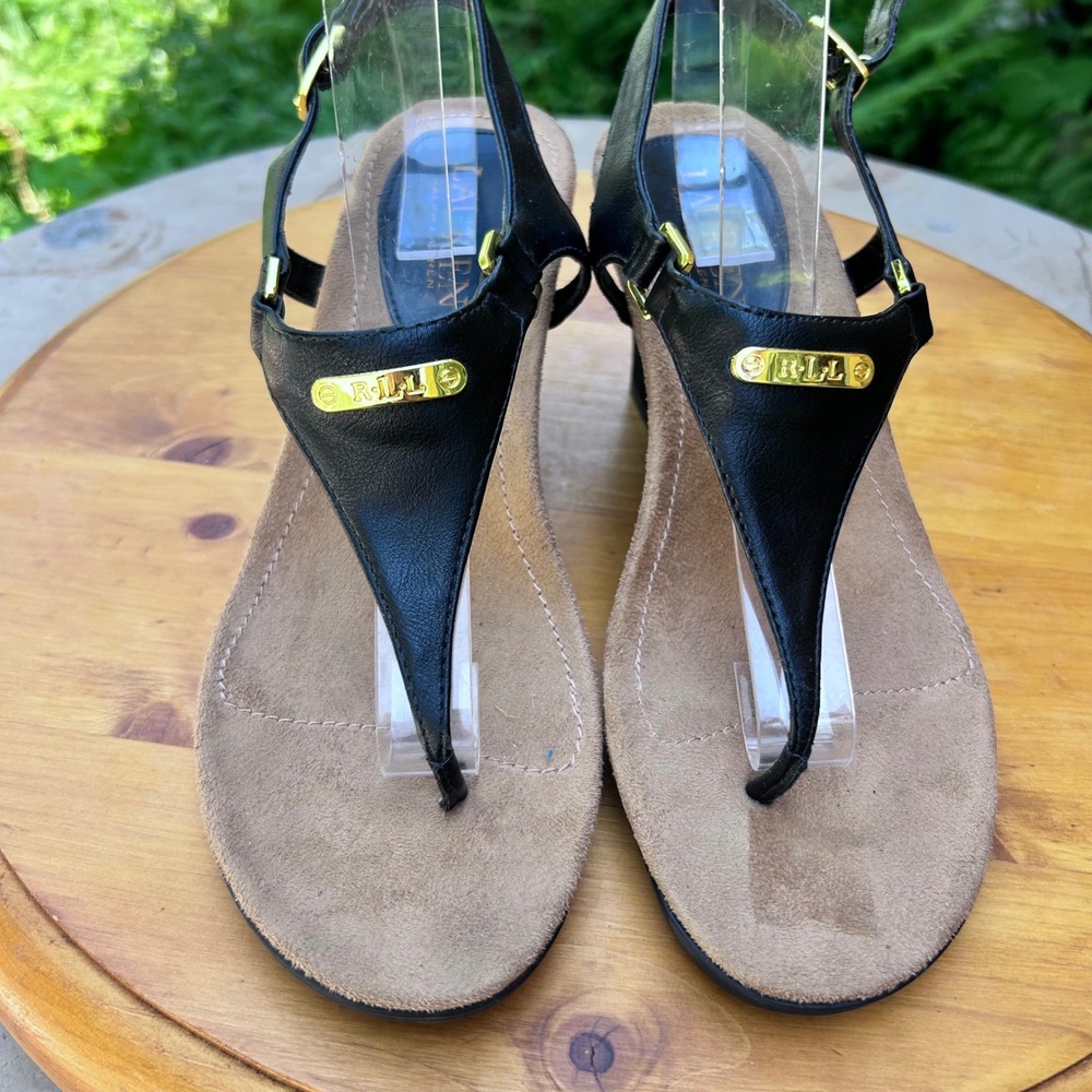 Nikki Wedge Sandals Women 7 Black T-Strap Gold Logo Comfort Lauren Ralph Lauren